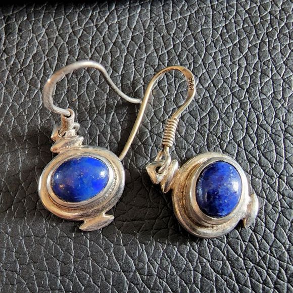 Lapis Stone and Sterling Silver Earrings Semi Precious Stone 925 Silver - Picture 3 of 5